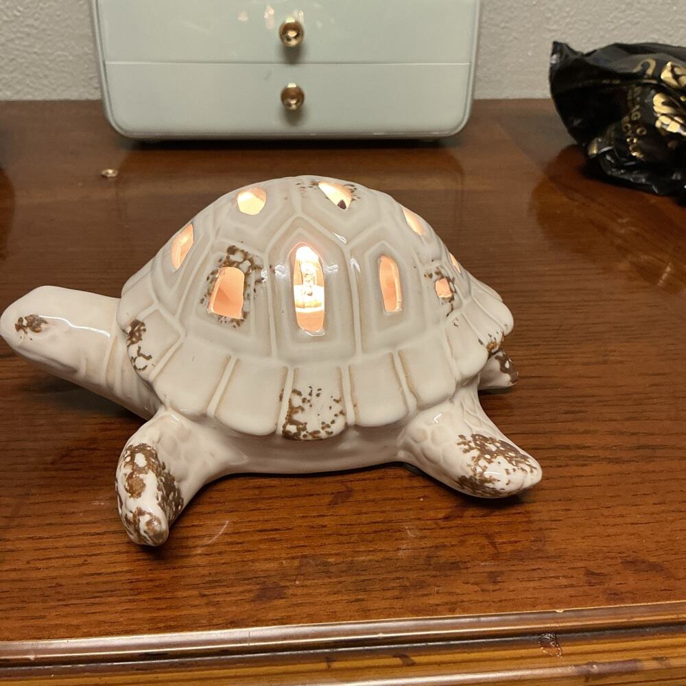 Sea Turtle Tortoise Lamp Tabletop Electric Night Light Porcelain Rustic Nautical